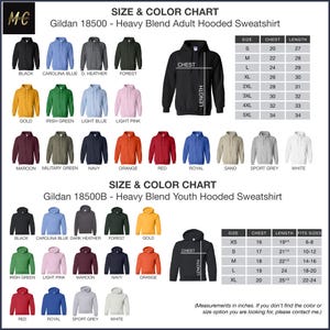 the size and color chart for a men's hoodie