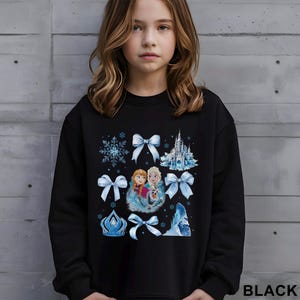 Puede incluir: Sudadera negra con un dise&ntilde;o de Frozen. El dise&ntilde;o incluye a Anna, Elsa, Olaf, lazos, un copo de nieve, un castillo y una corona. La palabra "BLACK" est&aacute; impresa en la parte inferior derecha.