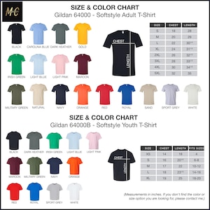 a chart showing the size and color of a t - shirt