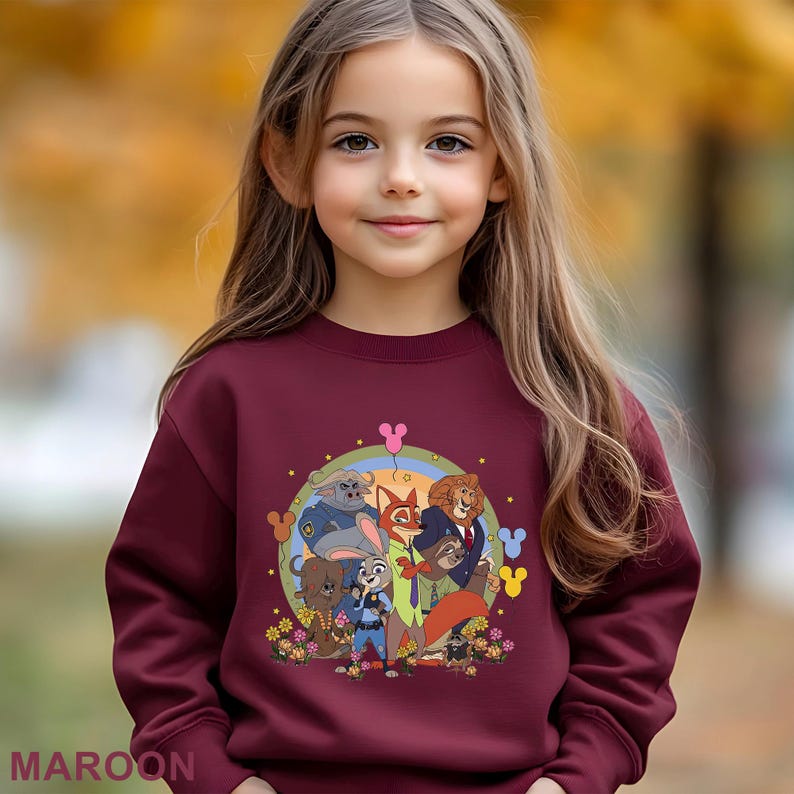 May include: A maroon sweatshirt with a colourful graphic of animated film characters. The design includes a rainbow, flowers, and various animal characters. The word "MAROON" is printed at the bottom of the sweatshirt.