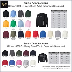 a chart showing the size and color of sweatshirts