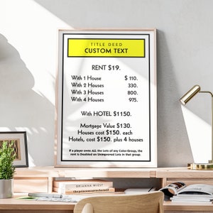 Escritura de título de monopólio personalizada, escritura de monopólio personalizada, propriedade de placa de monopólio, presente de inauguração, impressão de nome de rua personalizada