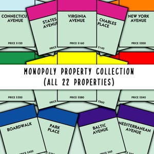 Monopoly-eigendomcollectie, set van 22 kaarten, complete monopoly-eigendomsset, Monopoly-bordeigenschappen, Monopoly-poster