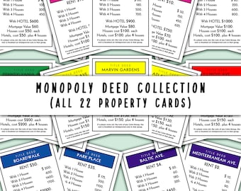 Monopoly Deed Collection, Set of 22 Cards, Complete Monopoly Deed Set, Monopoly Board Properties, Monopoly Poster, Board Game Wall Art
