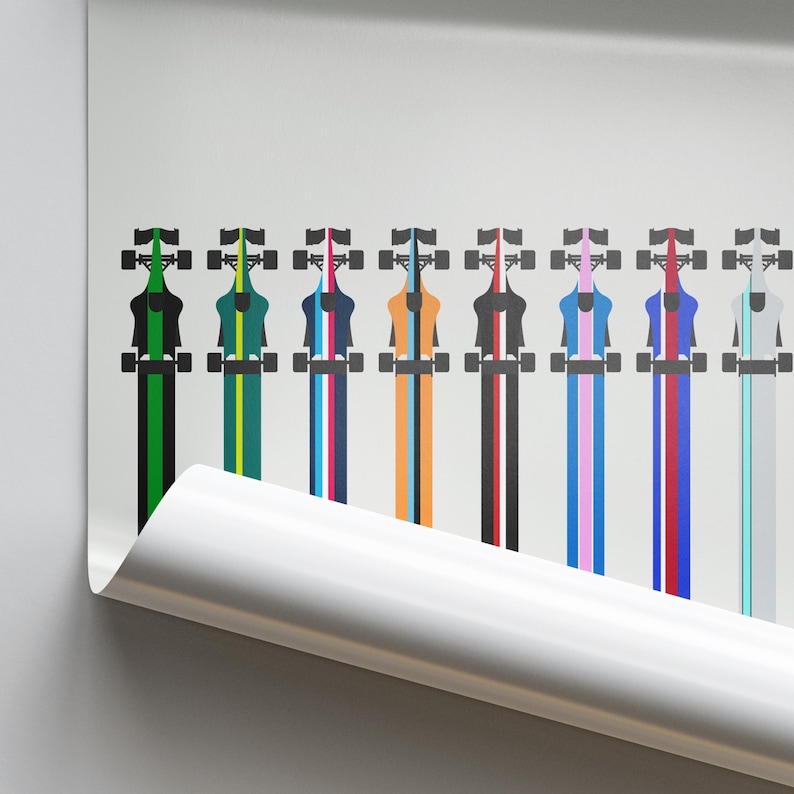 May include: A row of ten black and white racing car silhouettes with different colored stripes. The stripes are green, yellow, blue, pink, orange, black, pink, red, blue, and gray.