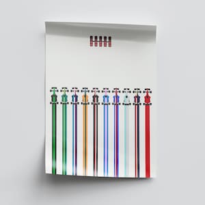 May include: A white poster with a black and red checkered flag at the top and 10 vertical stripes of different colors representing race cars.