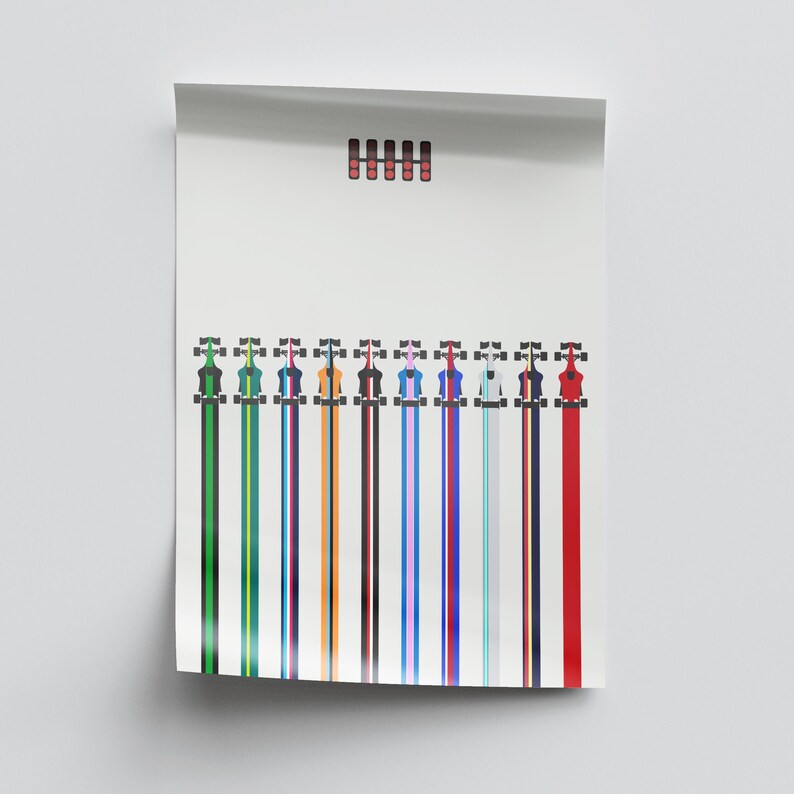 May include: A white poster with a black and red checkered flag at the top and 10 vertical stripes of different colors representing race cars.