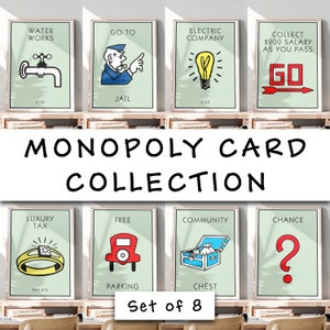 Minimalistische Monopoly Kartensammlung, 8er Set, Monopoly Poster, Brettspiel Wandkunst, Monopoly Karte Poster Download, Spielzimmer Dekor