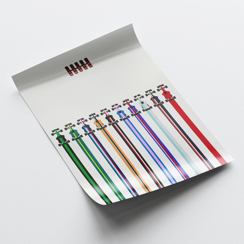 May include: A white poster with a black and white illustration of 18 race cars in a line. The cars are numbered 1 through 18 and are in different colors, including red, blue, green, yellow, and orange.