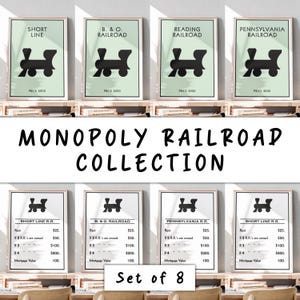 Minimalistische Monopoly Railroad-collectie, set van 8, Monopoly-poster, bordspelkunst aan de muur, Monopoly-kaartposter downloaden, Game Room Decor