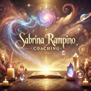 May include: A golden open book with the words "MORPHIC FIELDS" on the cover, surrounded by candles, crystals, and a swirling galaxy in the background. The text "Sabrina Rampino COACHING" is displayed above the book.