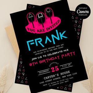 Invitación para fiesta de reclutamiento de Squid Games, descarga DIGITAL, plantilla Canva, invitación de cumpleaños, 5 x 7, descarga instantánea editable, imprimible