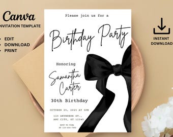 Black Bow Birthday Invitation | Editable Template | Any Age | Self Editable Modern Birthday Party Invitation | Dinner Party | Coquette Invie