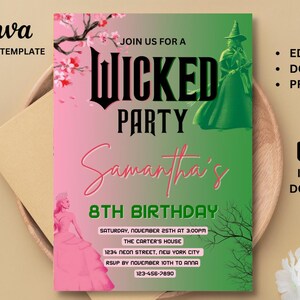 Wicked Geburtstagsfeier-Einladung, Wicked Party-Einladung, WICKED inspirierte Kinokarte, Elphaba & Glinda Theme, Filmparty, Canva Editable