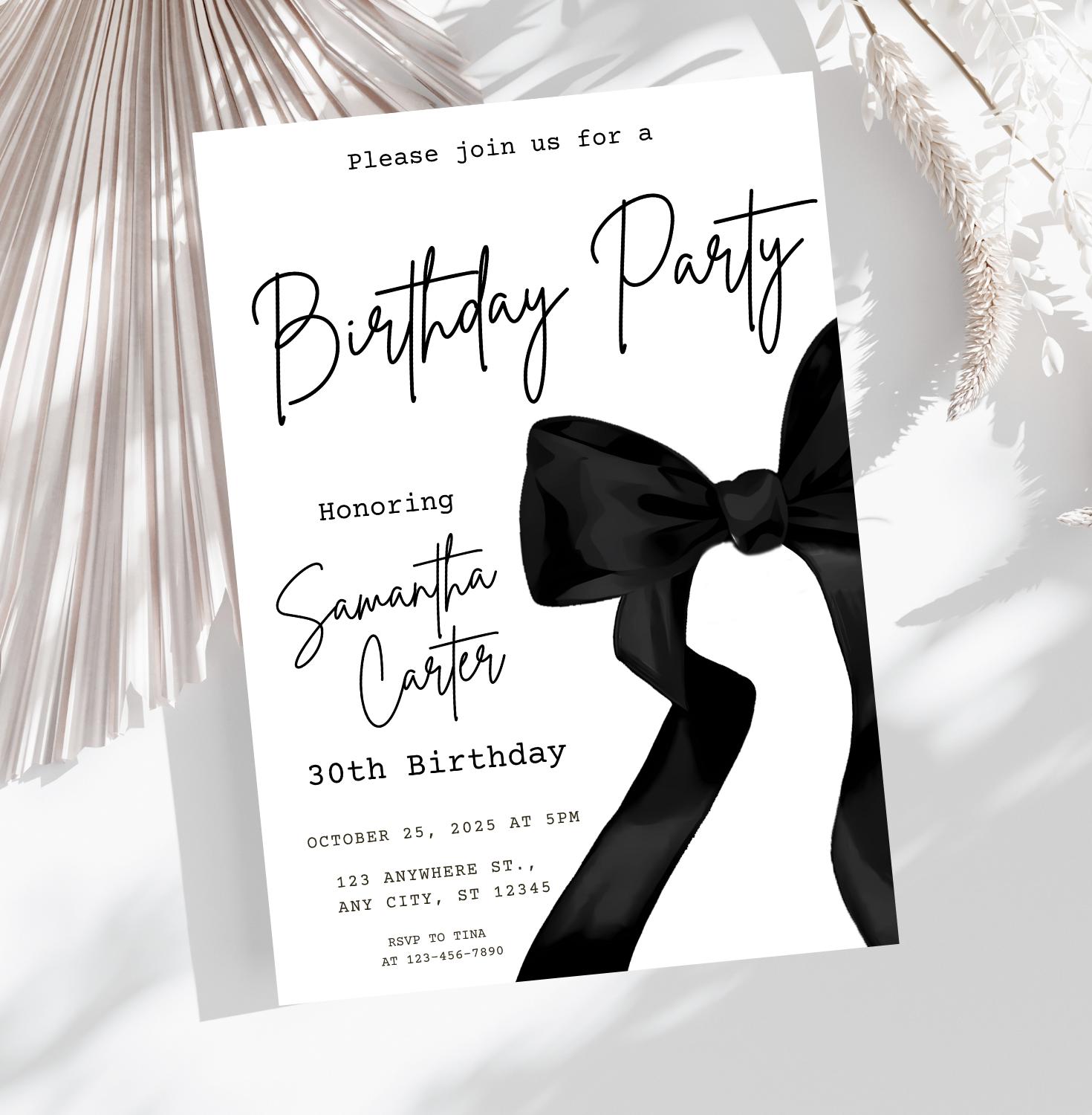 Black Bow Birthday Invitation Editable Template Any Age Self