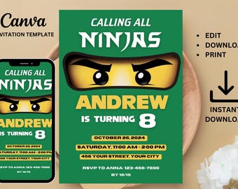 Editable Ninja Invitation, Kids Ninja Invite, Ninja Birthday Invite, Digital kids invitation, Instant download, Canva