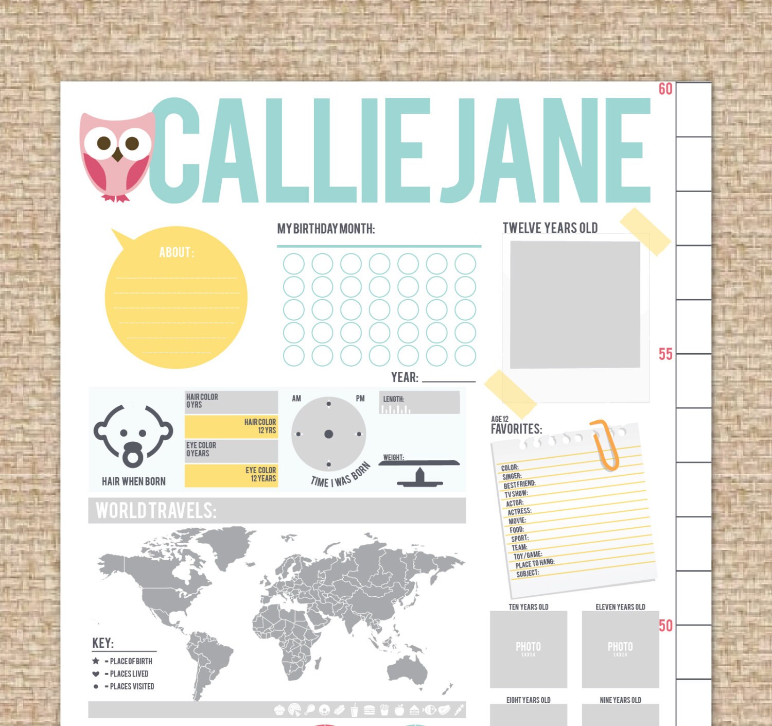 Interactive Growth Chart Little Owl // Scrapbook growth chart Etsy