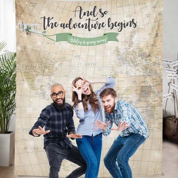 Going Away Farewell Party Backdrop, Bon Voyage, World Travel Map Backdrop, Adventure Awaits Banner, Adventure Awaits Wall Tapestry H-T56 AA3 Il_570xn
