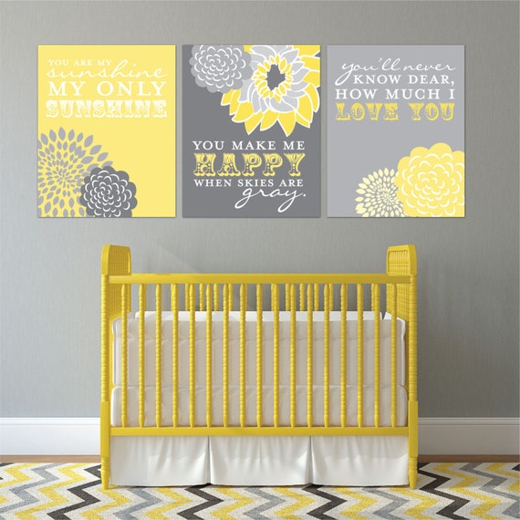 Yellow and grey wall art You are my sunshine nursery art // 3 | Etsy