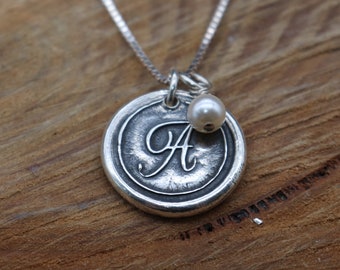 Antiqued Wax Seal Necklace - Custom Initial - Fine Silver with Swarovski Pearl - Vintage - Mothers Day - Monogram Charms - ME Designs