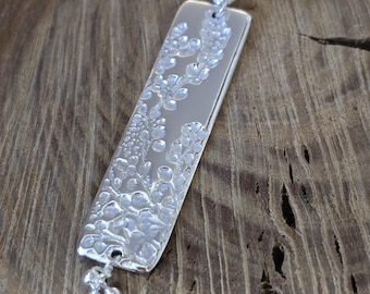 Fine Silver Hollyhock Necklace - Elegant & Elongated Sliver - Rectangle Shape with flower print (Hollyhocks) - Fine Silver - ME Designs