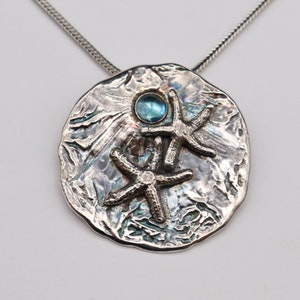 Sand Dollar Necklace with Starfish and Blue Topaz- Fine Silver - Handmade Artisan Jewelry - Ocean - Beach - ME Designs