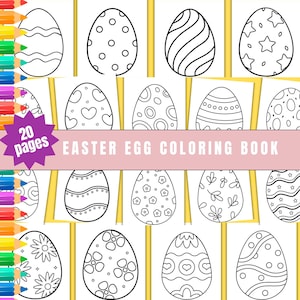 Op de afbeelding: Een kleurboek met 20 pagina's met paasei-ontwerpen. Elk ei is zwart omlijnd met verschillende patronen, waaronder stippen, strepen en bloemmotieven. De titel "Easter Egg Coloring Book" wordt weergegeven in een roze banner.