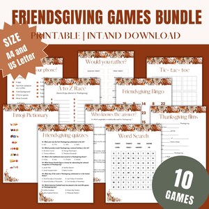 Op de afbeelding: Een printbare bundel met 10 Friendsgiving-spellen, met een verscheidenheid aan activiteiten zoals bingo, woordzoeker en quizzen. De spellen zijn versierd met een herfstthema en hebben een bruin, oranje en wit kleurenschema.