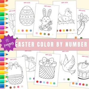 May include: A collection of ten Easter-themed color-by-number pages. Each page features a different Easter image, including an egg, bunny, chick, carrot, basket, gift, dove, and cake. The pages are outlined in black and white with numbers to guide coloring.