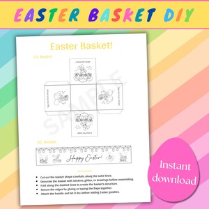 Op de afbeelding: Printbare paasmand-knutsel met instructies. Het zwart-wit ontwerp heeft een konijn en de tekst "Happy Easter!" Knip de mandvorm uit, versier, vouw en monteer.