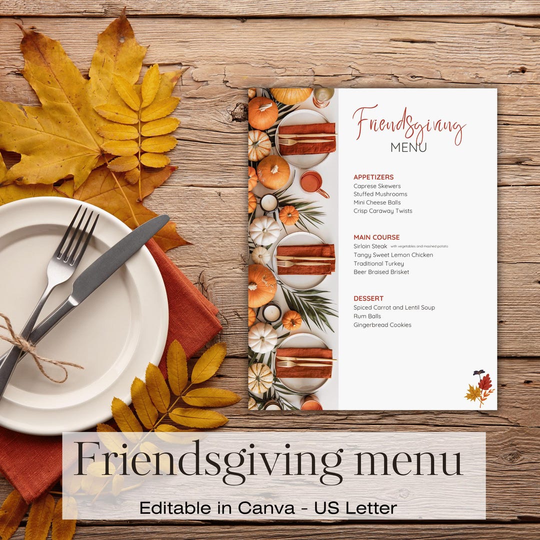 Friendsgiving Menu Template Editable Thanksgiving Dinner Printable