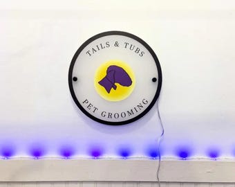 Round Light Up Pet Grooming Sign Custom Acrylic Backlit Business Sign Wall | Acrylic Name Custom Wall Sign | Custom Logo Business Door Sign