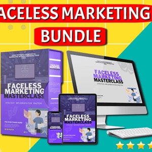 Könnte beinhalten: Ein violettes und weißes digitales Marketing-Paket mit dem Text "Faceless Marketing Masterclass" auf dem Cover. Das Paket beinhaltet ein physisches Buch, ein Tablet, ein Telefon und einen Computerbildschirm. Der Text "Faceless Marketing Bundle" wird in großen roten Buchstaben oben im Bild angezeigt.