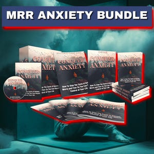 Może przedstawiać: Wyświetlany jest "MRR Anxiety Bundle", zawierający wiele książek, płytę CD i arkusz oszustw zasobów. Książki noszą tytuł "Conquer Anxiety" i mówią o powstrzymaniu lęku. Obraz ma mroczną, nastrojową estetykę.