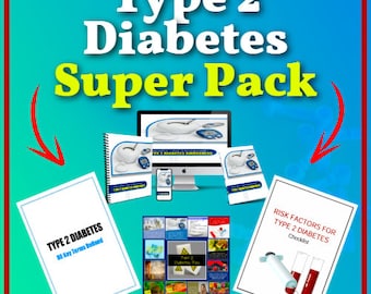 Puede incluir: Imagen promocional de un "Type 2 Diabetes Super Pack". La imagen presenta un monitor de ordenador, un smartphone y varios materiales impresos, incluyendo una lista de verificación y un folleto con el texto "Type 2 Diabetes 80 Key Terms Defined."