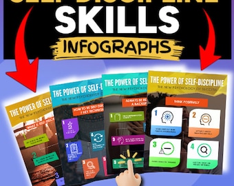 4 Self Discipline Infographics Bundle | Will Power | Self Control Activities | Self Help Guide | Focus PNG | Growth Mindset Printable