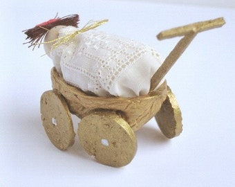 Walnut carriage with baby- New parents, Newborn, Baby girl, Wedding, Baby shower, Ornament, Childhood memories