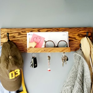 Coat Rack & Mail Shelf with Magnetic Key Holder (Modern Rustic Style- Beveled Edges) Wall Mounted Entryway Organizer, Winter coat heavy duty