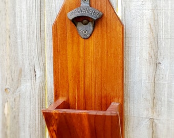 Wall mounted bottle opener (Modern Rustic Style- Beveled Edges), Opener with Cap Catcher, Groomsman gift, Gift for him, Man cave, Bar