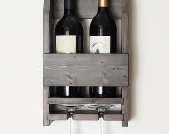 Wall mounted wine rack (Modern Rustic Style- Beveled Edges) Farm House reclaim wood shelf, Living room, Gift for her, Man cave, Glass holder