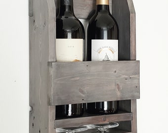 Wall mounted wine rack (Old Country Style- straight edges) Glass holder, Farm House reclaim wood shelf, Living room, Gift for her, Man cave