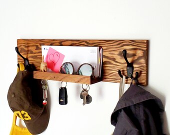 Coat Rack Mail Shelf with Magnetic Key Holder (Modern Rustic Style- Beveled Edges) Wall Mounted Entryway Organize