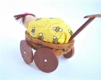 Walnut carriage with baby- Home decor-Christmas ornament (Yellow duvet\/ comforter)