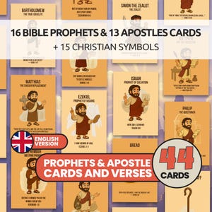 Può includere: Un set di 44 carte con 16 profeti biblici, 13 apostoli e 15 simboli cristiani. Ogni carta presenta un'illustrazione di una figura biblica, il suo nome e un versetto pertinente. Carte in inglese.