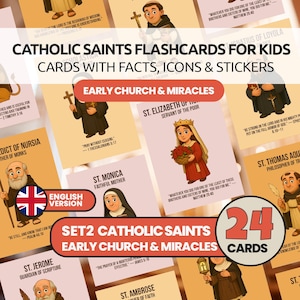 Op de afbeelding: Een set van 24 katholieke heiligen flashcards voor kinderen, met feiten, iconen en stickers. De kaarten hebben als thema de Vroege Kerk en Wonderen, met illustraties van heiligen en gerelateerde tekst.