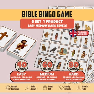 May include: Bible Bingo Game with easy, medium, and hard levels. Includes 40, 60, and 80 cards. Features illustrations of biblical figures and symbols. The cards include the text "Jesus".