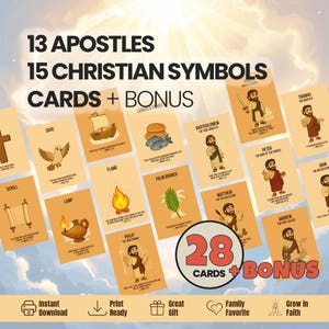 13 Apostel Karten + 15 Christliche Symbole + Gruppenposter + Mission Map | Bibel Schüler Karteikarten für Kinder