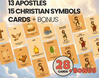 May include: A collection of 28 cards featuring 13 apostles and 15 Christian symbols. The cards have illustrations of doves, flames, and other religious symbols. The text "13 Apostles, 15 Christian Symbols, Cards + Bonus" is displayed at the top.