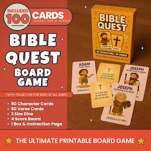 Puede incluir: Juego de mesa Bible Quest con 100 cartas, personajes y versículos. La caja es amarilla con el título del juego e ilustraciones. Incluye 50 cartas de personajes, 50 cartas de versículos, 2 dados, un marcador y una página de instrucciones.