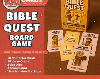 May include: Bible Quest board game with 100 cards, characters, and verses. The box is yellow with the game title and illustrations. Includes 50 character cards, 50 verse cards, 2 dice, a score board, and an instruction page.